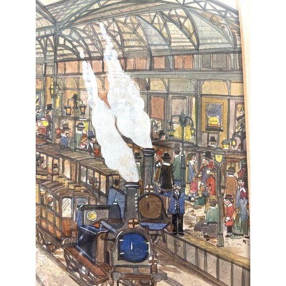 Watercolor Pen&Ink Painting Brighton Train Station During Turn of 20th Century - Picture 8 of 11